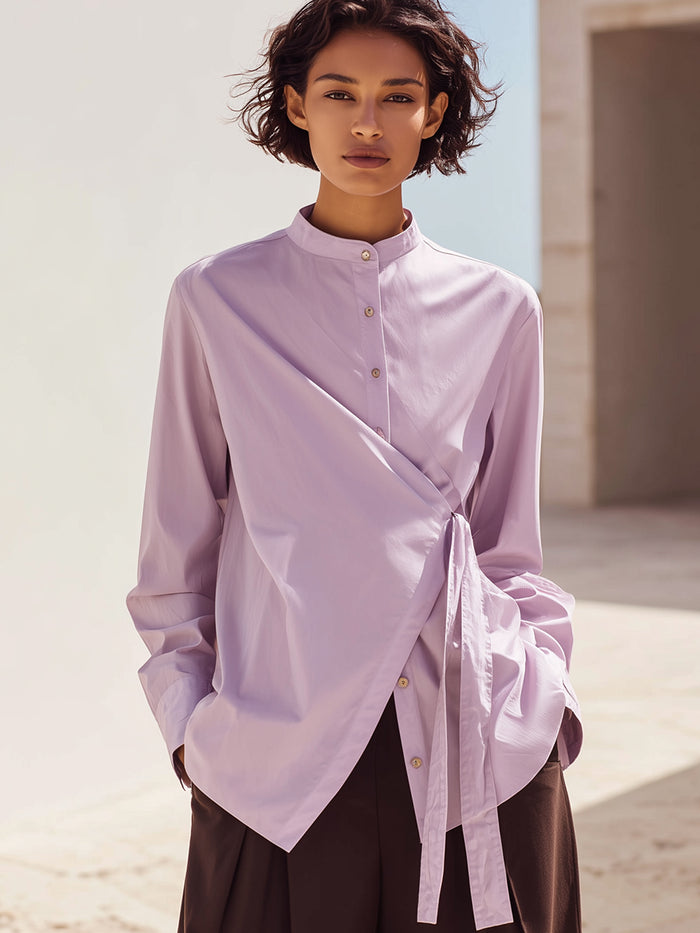Lilac Asymmetric Wrap Shirt With Mandarin Collar
