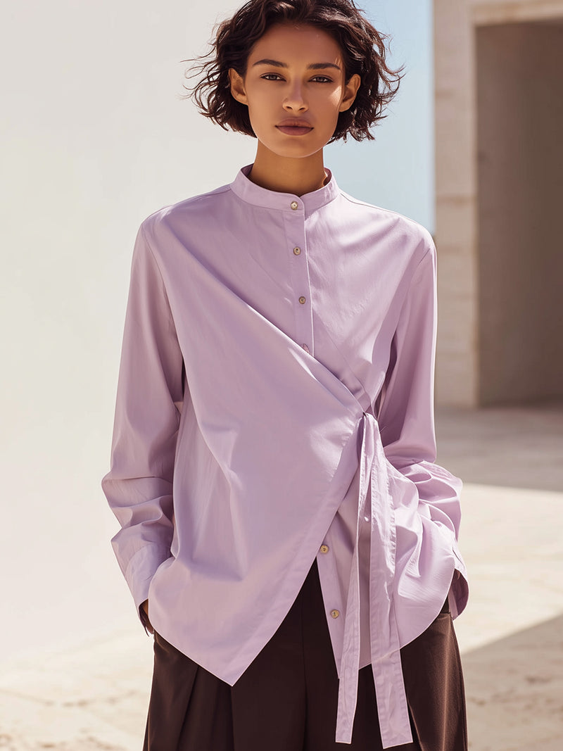 Lilac Asymmetric Wrap Shirt With Mandarin Collar