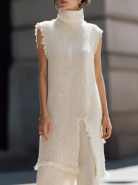 Textured Sleeveless Turtleneck Fringed Knit Tunic