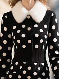 Black Polka Dot Knit Dress With Faux Fur Collar