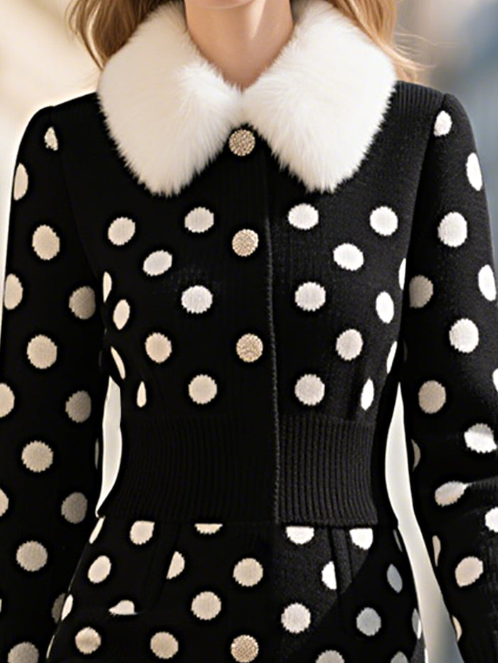 Black Polka Dot Knit Dress With Faux Fur Collar