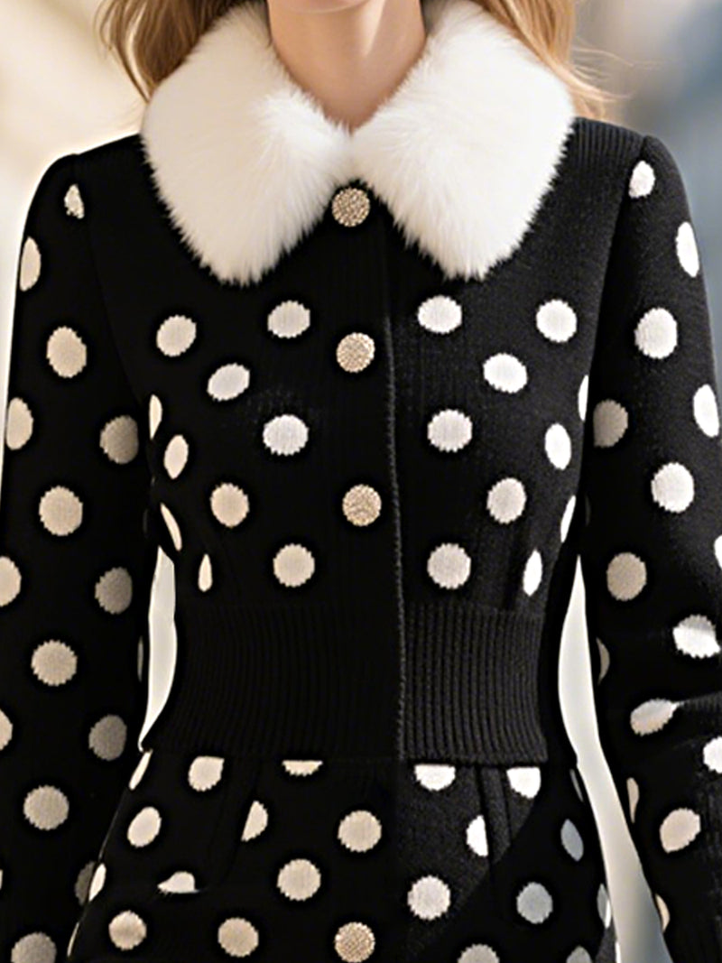 Black Polka Dot Knit Dress With Faux Fur Collar
