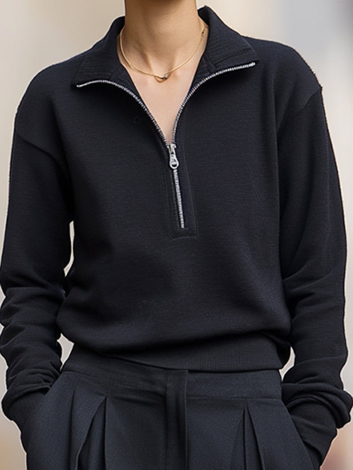 Minimalist Half-Zip Pullover And Wide-Leg Pleated Trousers Set