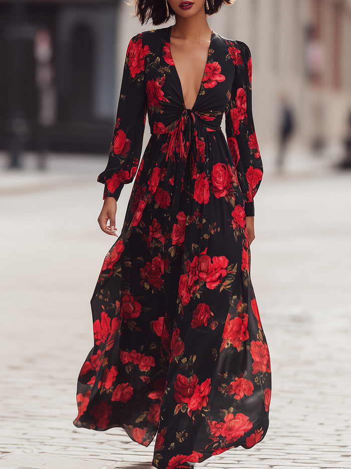Floral Print Maxi Dress With Tie Front