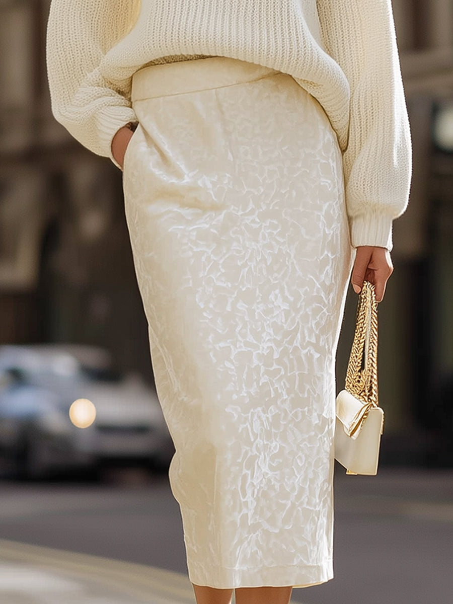 Cream Knit Turtleneck Sweater And Jacquard Midi Skirt Set
