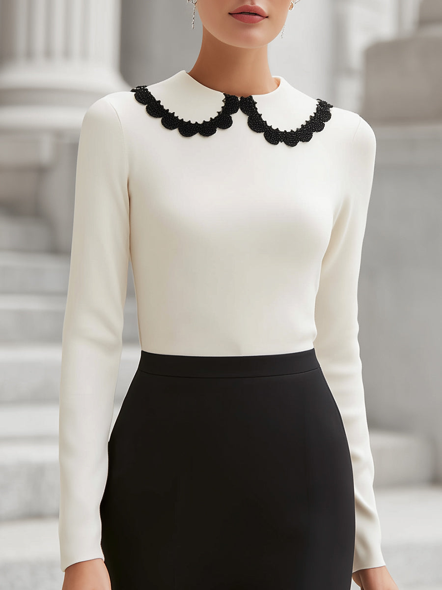 Scalloped Collar Shirt With Contrasting Lace Trim