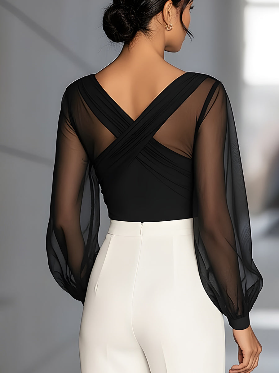 Cross-Draped Mesh Sleeves Elegant Blouse