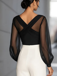 Cross-Draped Mesh Sleeves Elegant Blouse