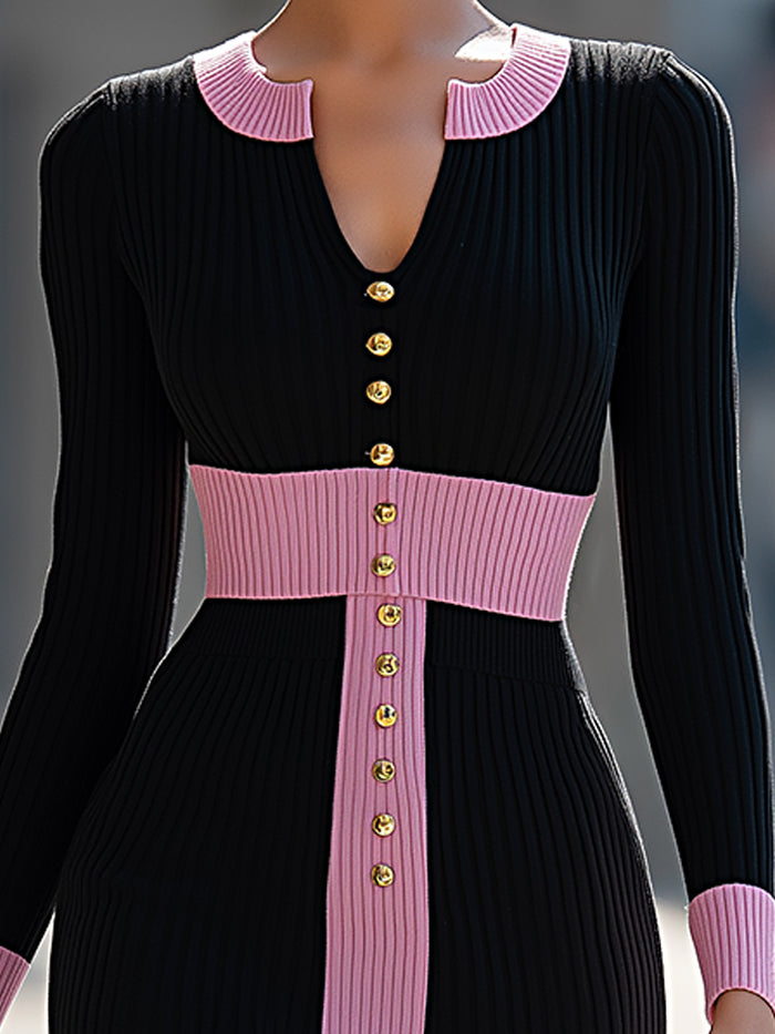 Black Ribbed Knit Midi Dress With Pink Contrast Trim