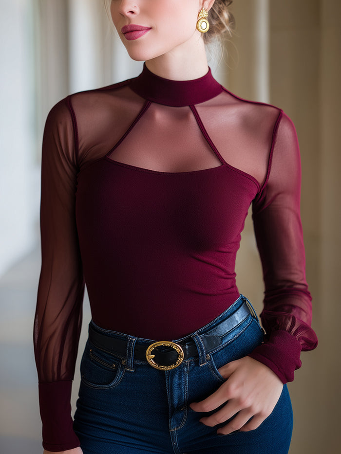 Sheer Mesh High-Neck Long Sleeve Top In Burgundy