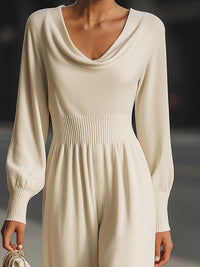 Draped Neckline Ribbed Waist Knit Jumpsuit