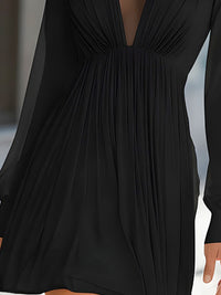 Sheer Panel V-Neck Pleated Long Sleeve Mini Dress
