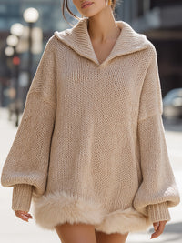 Oversized Knit Sweater With Faux Fur Hem