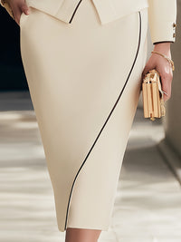 Asymmetric Buttoned Cream Skirt Suit With Contrast Piping