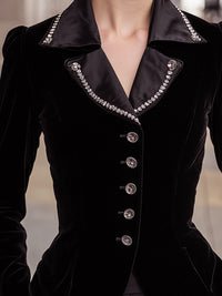 Black Velvet Blazer With Rhinestone Trim And Satin Lapel