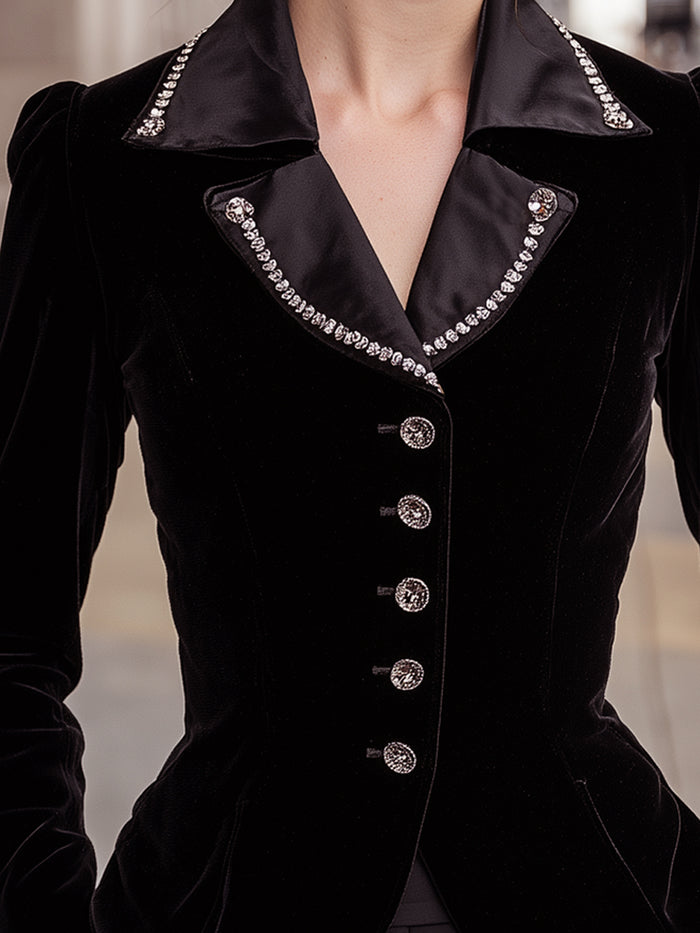 Black Velvet Blazer With Rhinestone Trim And Satin Lapel