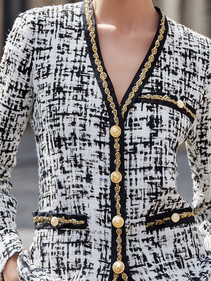 Black & White Tweed Blazer With Gold Trim