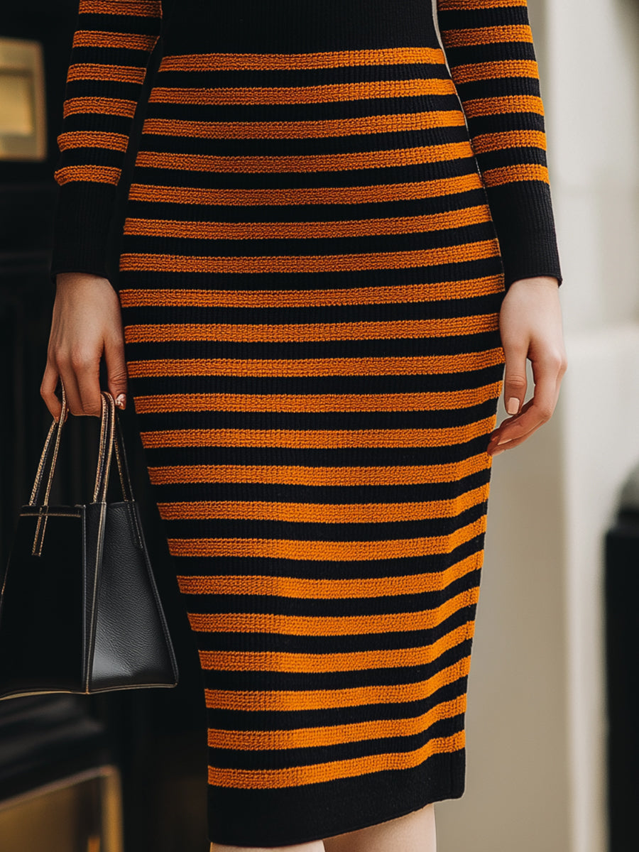 Striped Knit Polo Midi Dress