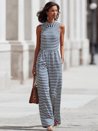Sleeveless Mock-Neck Striped Wide-Leg Jumpsuit