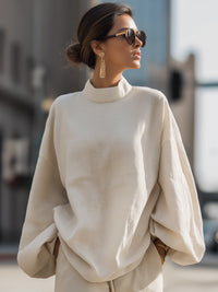 Relaxed Minimalist Mock-Neck Textured Blouse