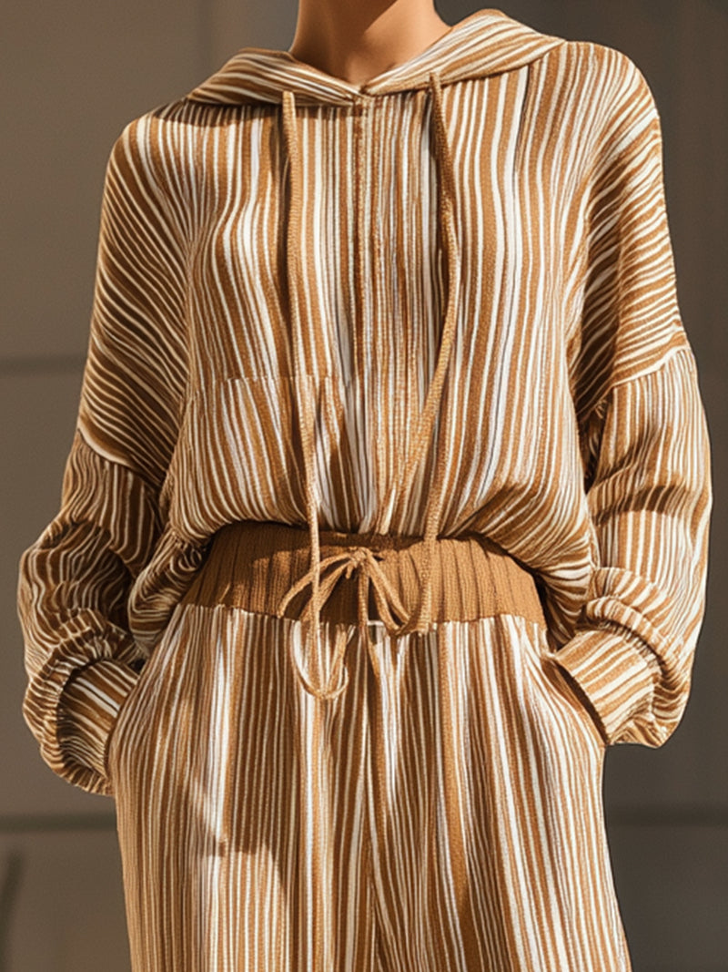 Caramel Beige Striped Loose-fitting Hooded Set