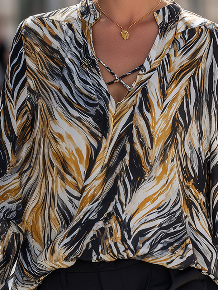 Abstract Print Draped V-Neck Blouse