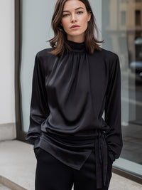 Satin High-Neck Draped Tie-Waist Blouse