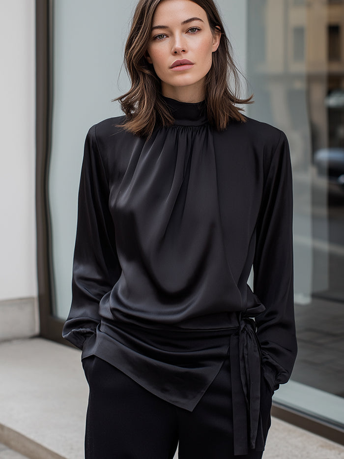 Satin High-Neck Draped Tie-Waist Blouse