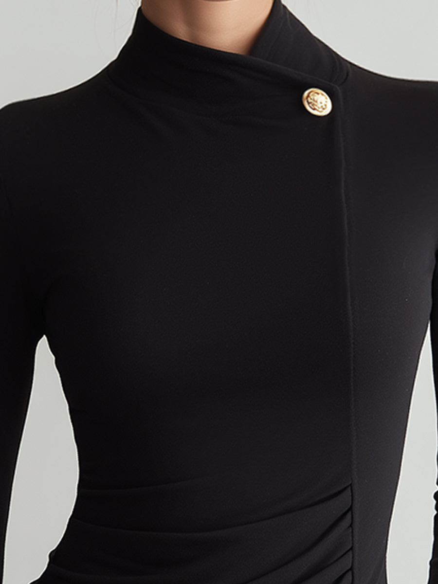 Asymmetrical High-Neck Ruched Knit Top With Gold-Tone Buttons