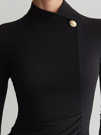 Asymmetrical High-Neck Ruched Knit Top With Gold-Tone Buttons