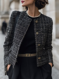 Classic Tweed Button-Up Short Jacket