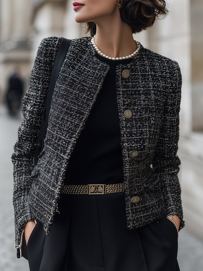 Classic Tweed Button-Up Short Jacket