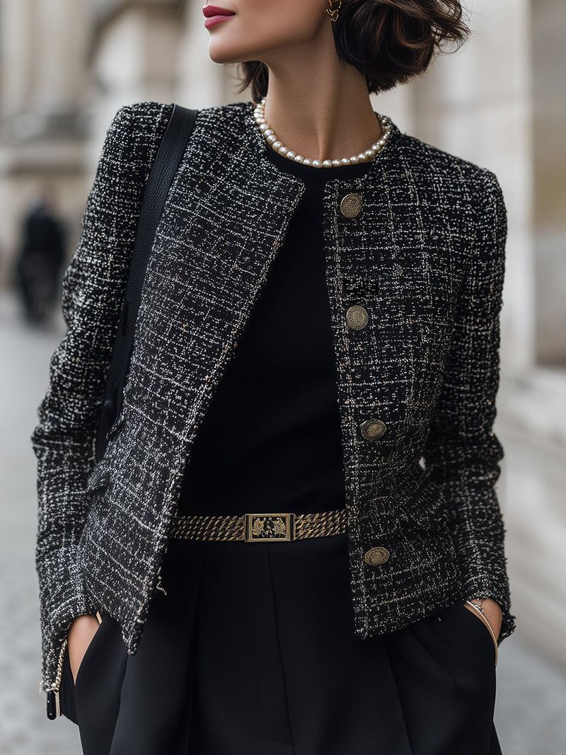 Classic Tweed Button-Up Short Jacket
