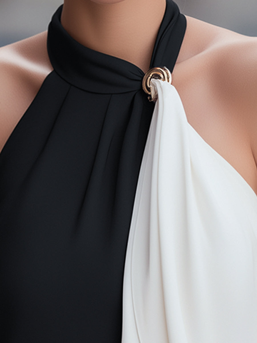 Asymmetric Halter-Neck Colorblock Top