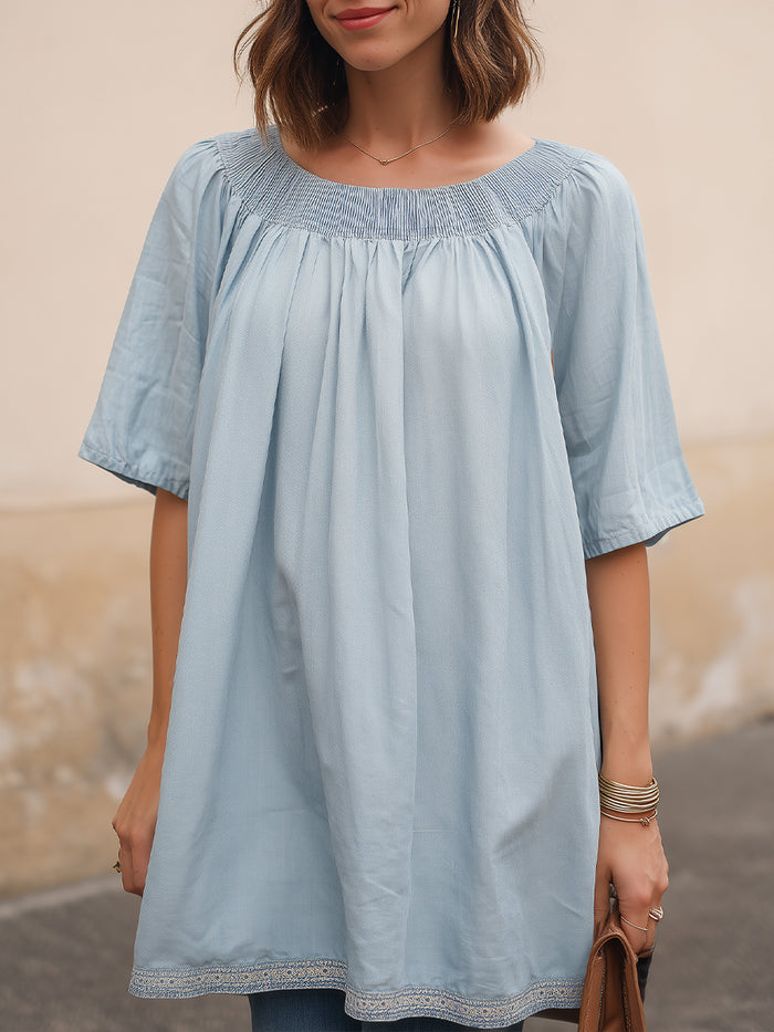 Smocked Neck Short Sleeve Relaxed Blouse