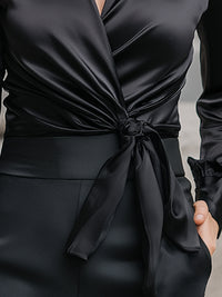 Satin Tie-Front Long-Sleeve Blouse