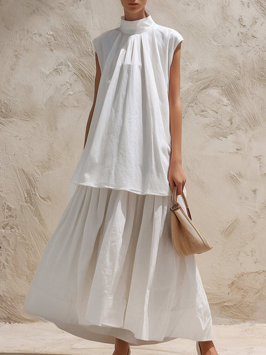 High-Neck Sleeveless Top & Pleated Maxi Skirt Coordinated Set