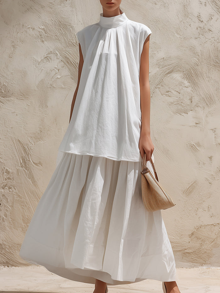 High-Neck Sleeveless Top & Pleated Maxi Skirt Coordinated Set