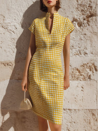 Short Sleeve Houndstooth Print Midi Dress