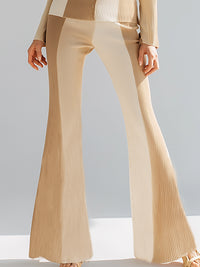 Contrast Color Crew Neck Knitted Top And Flared Pants Suit