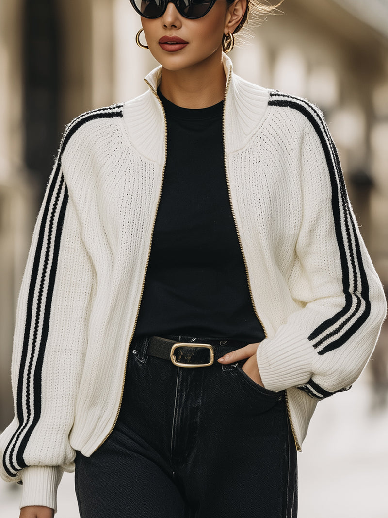 White Zip-Up Knit Bomber Jacket With Black Stripes
