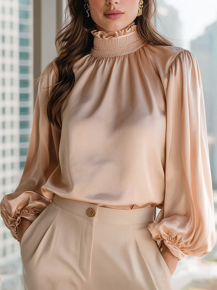 Champagne Satin High-Neck Blouse