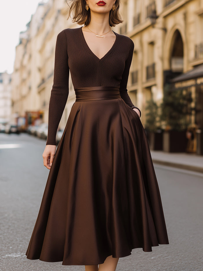 Chocolate Brown Knit And Satin Midi Dress