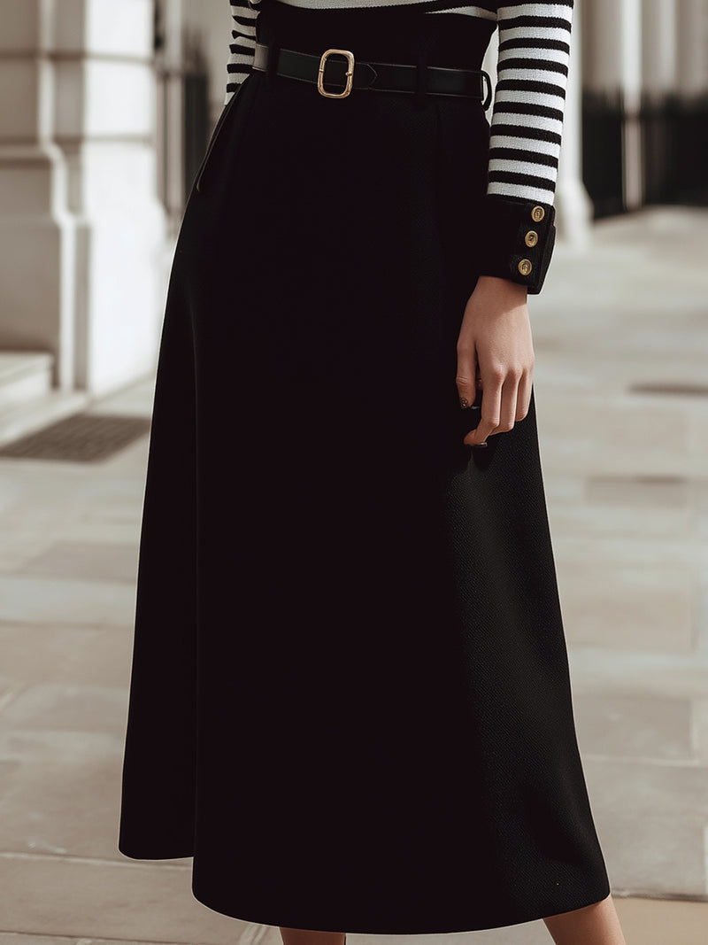 Black And White Striped Knit Top With High-Waist Black Midi Skirt