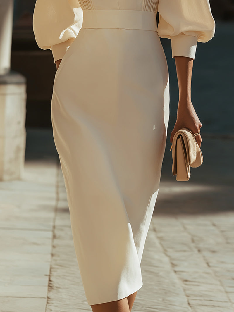 Deep V Pleated Puff Sleeve Midi Dress
