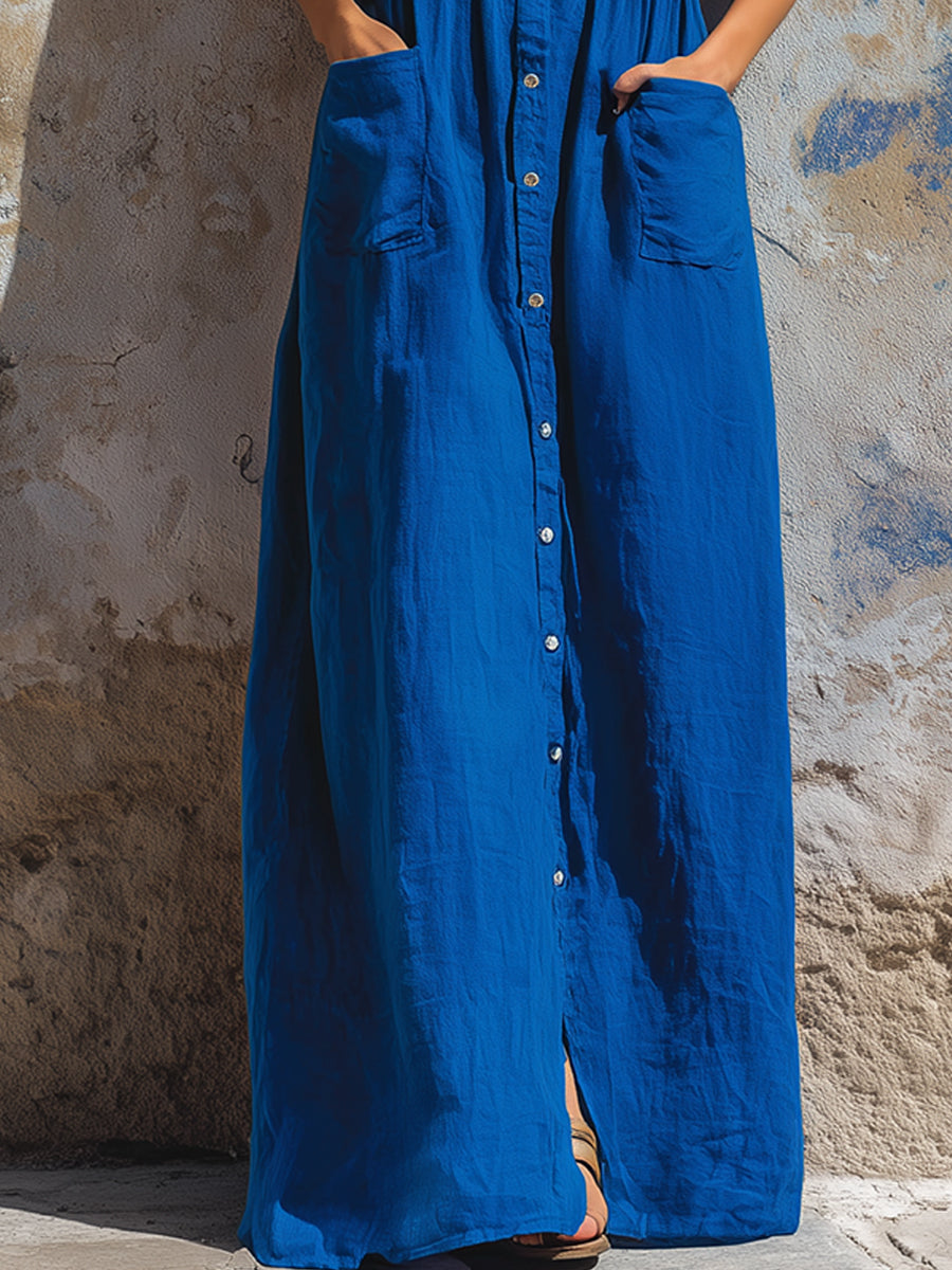 Relaxed Button-Front Short Sleeve Maxi Shirt Dress