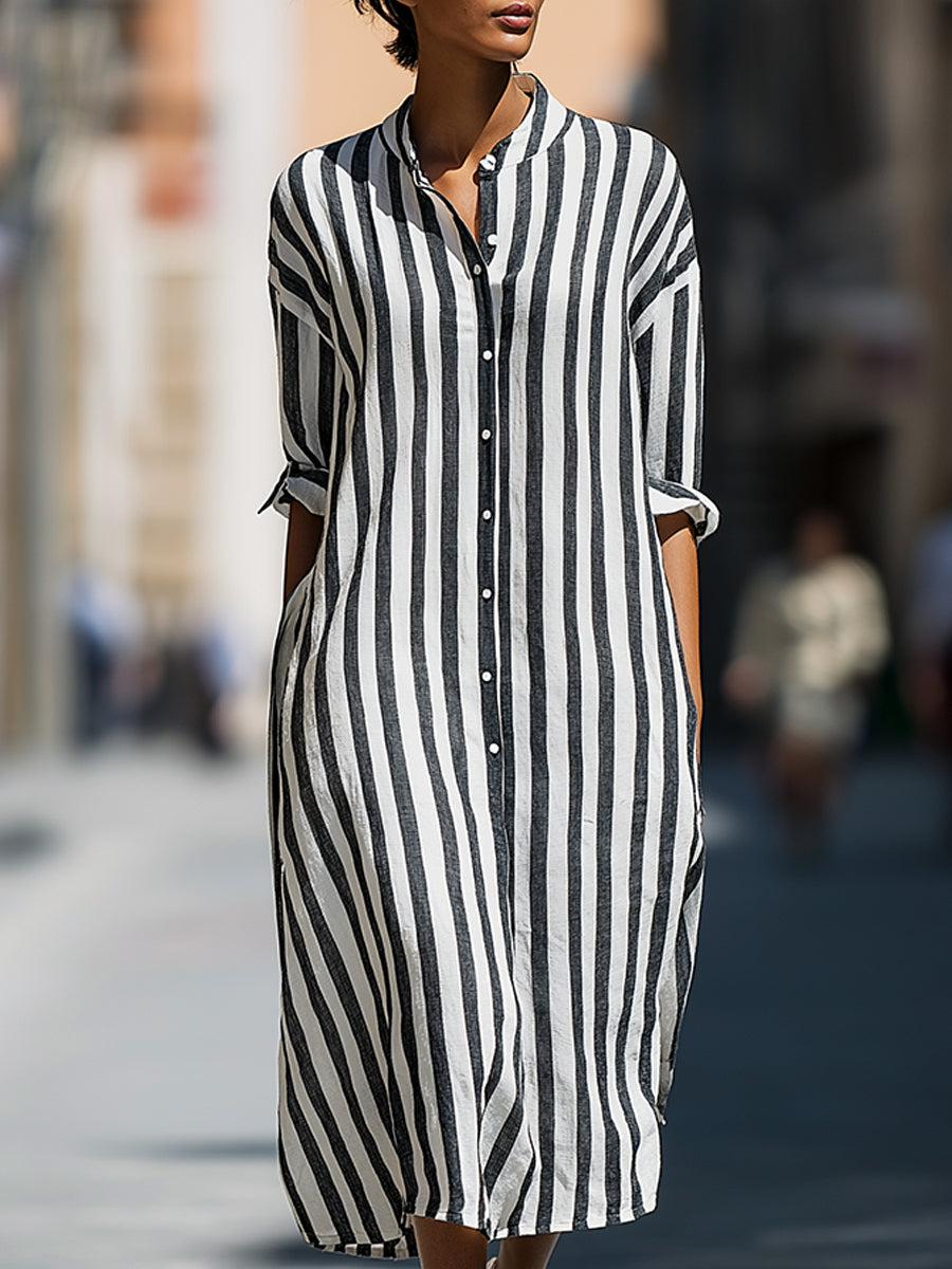 Vertical Stripe Relaxed Button-Front Midi Shirt Dress