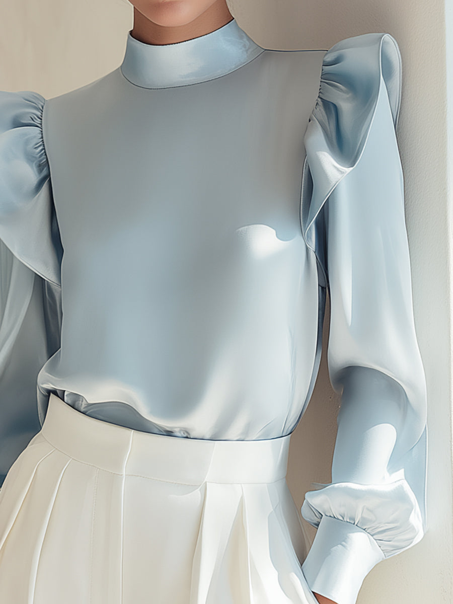 Sky Blue Satin Puff-Shoulder Blouse