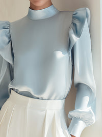 Sky Blue Satin Puff-Shoulder Blouse