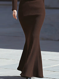 Chocolate Brown Ribbed Knit Maxi Skirt Set